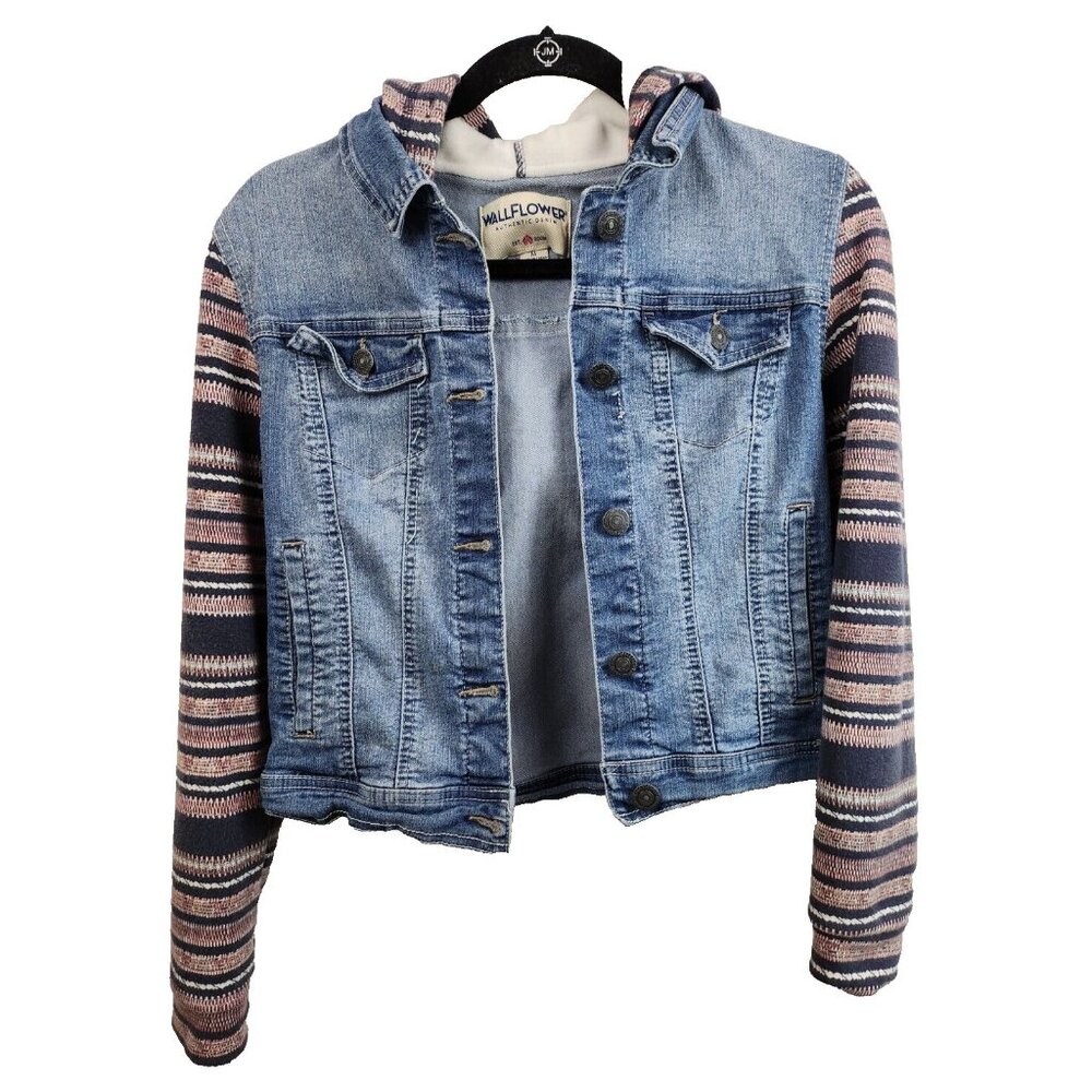Wallflower Womens Knit Sleeve Jean‎ Jacket Medium Blue Striped Cropped Hooded